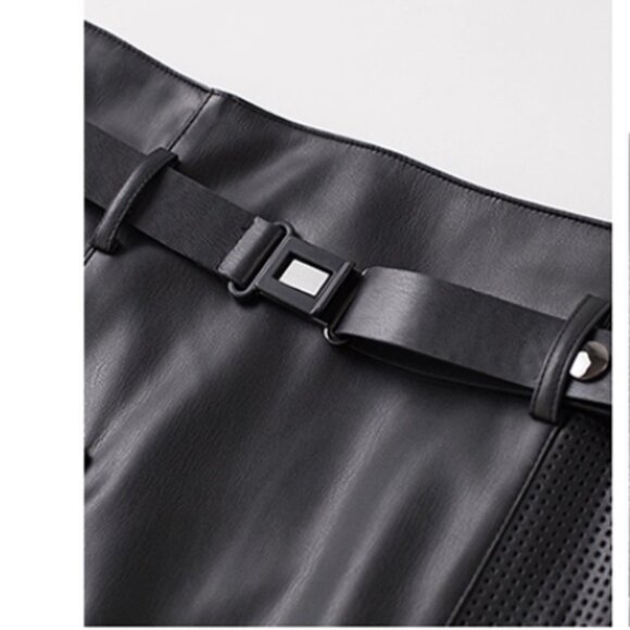 Burgundy Belted A-Line Slit Leather Skirt High Waist - Picture 7 of 8